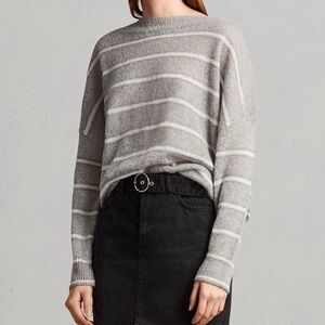 All Saints Misty Crew Pullover Sweater Small gray‎ white stripe mohair neutral